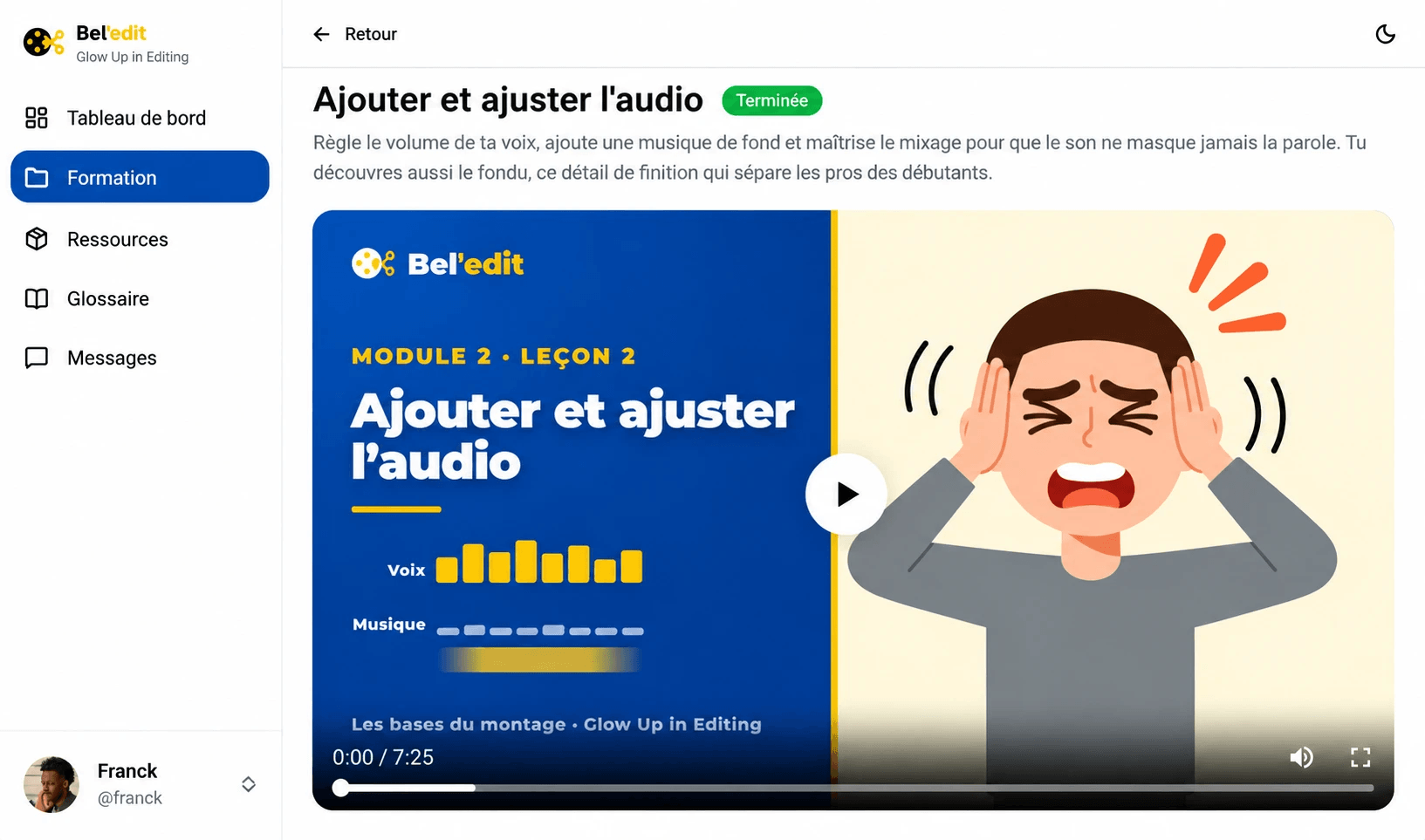 Une leçon dans l'espace créateur : vidéo, description et suivi de progression
